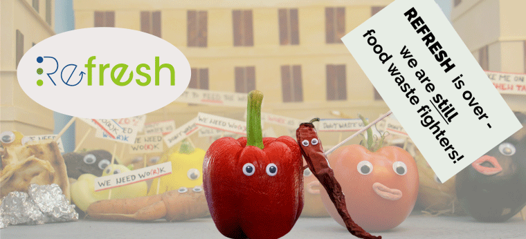 Alt-text: [Animated Paprika holding a banner saying "REFRESH is over - we are still food waste fighters."]